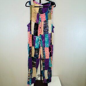 VTG 90's Cotton Batik Patchwork Hippy Dungarees Jumpsuit Button Up ONE SZ